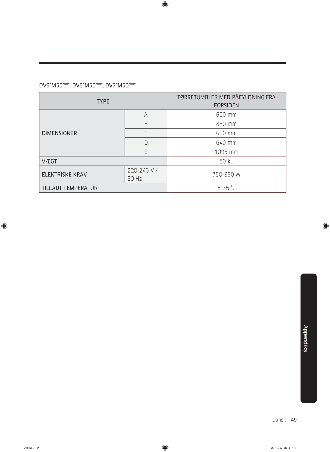 Samsung DV90M50003W/EE, DV80M50101W/EE, DV70M5020KW/EE, DV80M5010KW/EE, DV80M52102W/EE, DV80M50102W/EE manual Dansk 49  